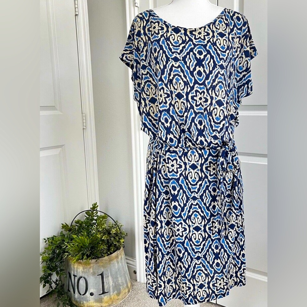 Boden Short Dolman Sleeve Ikat Blues Lyocell Dress w Side Waist Tie